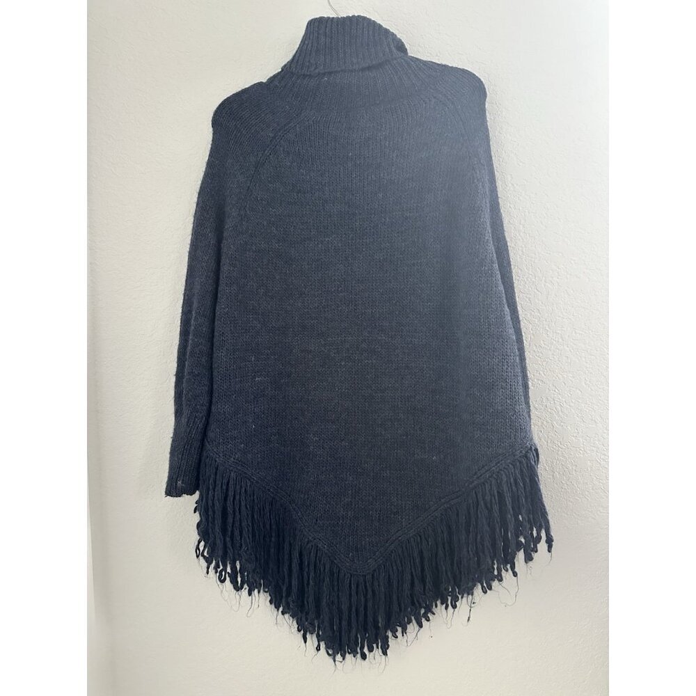 Cecico Knit Sweater Poncho S/M‎ Blue 25% Wool Raglan L/S Fringe Boho Peasant